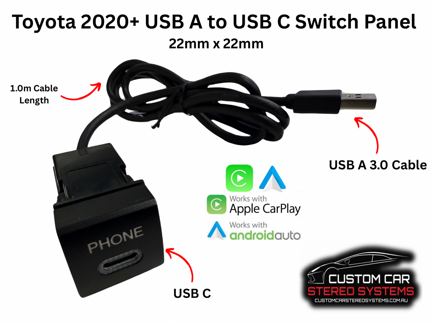 USB A to USB C Switch Panel Adapter - New Toyota Style 22mm x 22mm