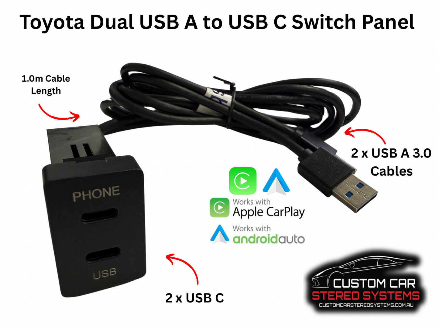 Dual USB 3.0 to Dual USB C Switch Panel Adapter - Suit Various Toyota Models (Large / Rectangular)